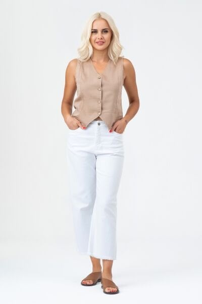 Kadın Bleach Yıkama  Lyocell İnce Denim Kumaş Kot Yelek XL - BEJ