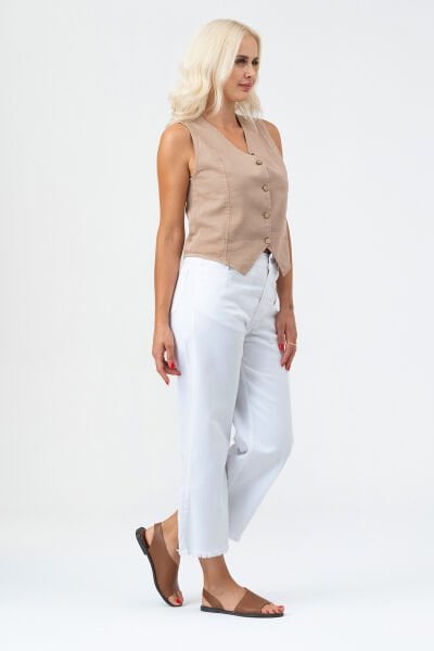 Kadın Bleach Yıkama  Lyocell İnce Denim Kumaş Kot Yelek XL - BEJ