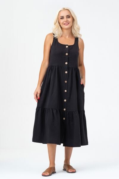 Bold & Young Kadın Cepli Büzgülü Askılı Kare Yaka Düğmeli Elbise Siyah - 3XL