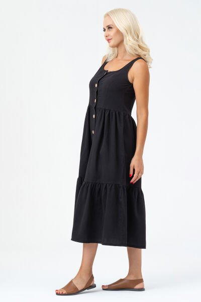 Bold & Young Kadın Cepli Büzgülü Askılı Kare Yaka Düğmeli Elbise Siyah - 3XL