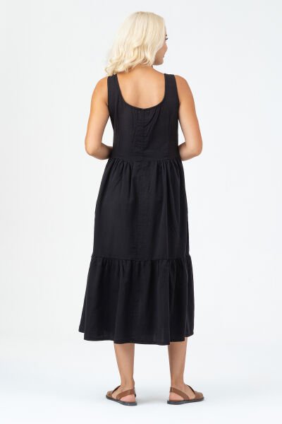 Bold & Young Kadın Cepli Büzgülü Askılı Kare Yaka Düğmeli Elbise Siyah - 3XL