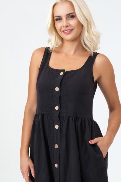 Bold & Young Kadın Cepli Büzgülü Askılı Kare Yaka Düğmeli Elbise Siyah - 3XL