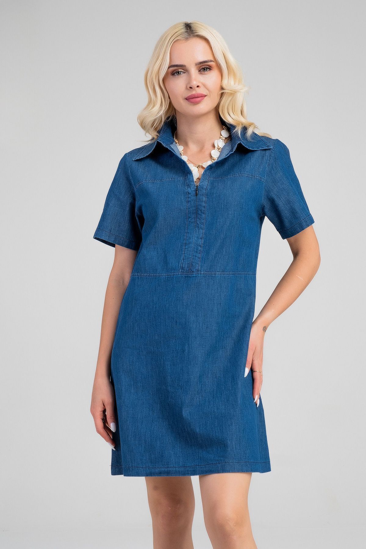 Kadın İndigo Yarım Pat Fermuarlı Kısa Kollu Gömlek Yakalı İnce Kot  Elbise indigo koyu mavi - M