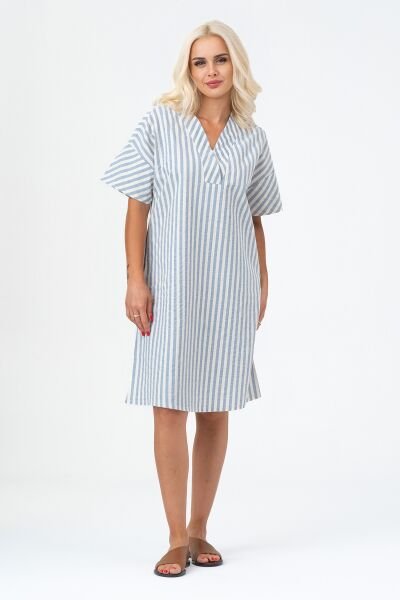 Bold & Young Kadın Cepli V Yakalı Kısa Kollu Pamuklu Elbise 3XL - Mavi Ekru