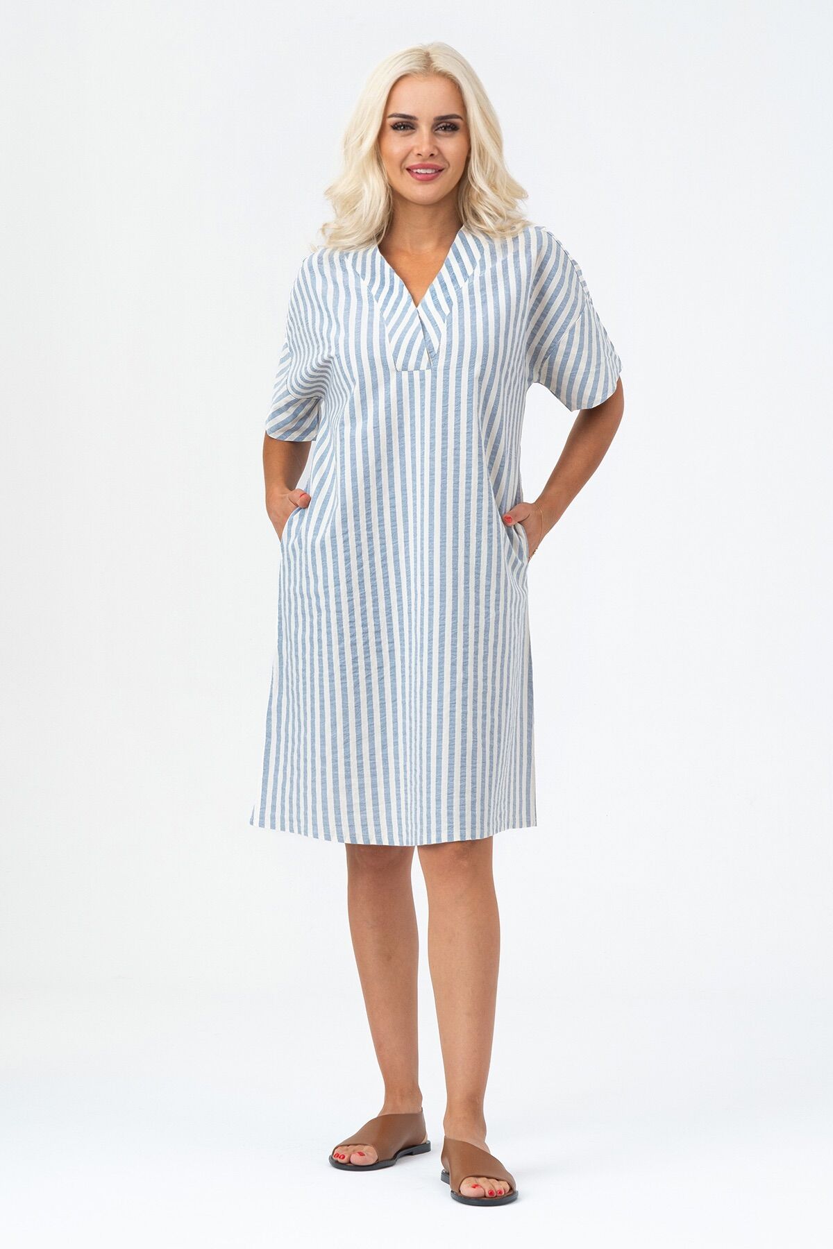 Bold & Young Kadın Cepli V Yakalı Kısa Kollu Pamuklu Elbise 3XL - Mavi Ekru