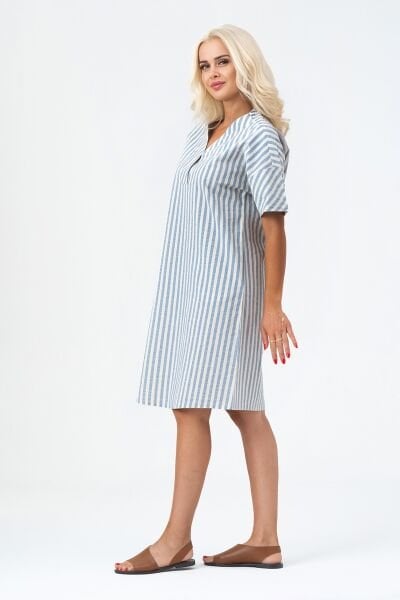 Bold & Young Kadın Cepli V Yakalı Kısa Kollu Pamuklu Elbise 3XL - Mavi Ekru