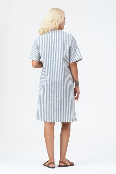 Bold & Young Kadın Cepli V Yakalı Kısa Kollu Pamuklu Elbise 3XL - Mavi Ekru