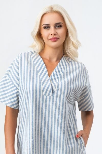 Bold & Young Kadın Cepli V Yakalı Kısa Kollu Pamuklu Elbise 3XL - Mavi Ekru