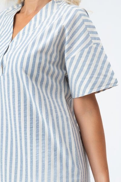 Bold & Young Kadın Cepli V Yakalı Kısa Kollu Pamuklu Elbise 3XL - Mavi Ekru