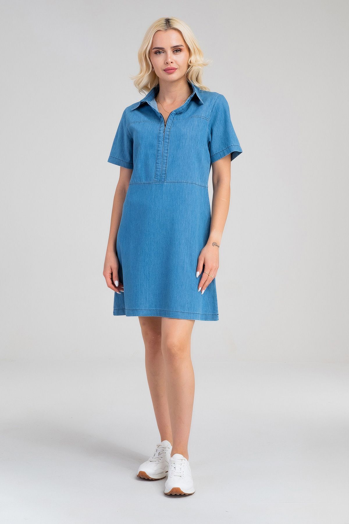 Kadın İndigo Yarım Pat Fermuarlı Kısa Kollu Gömlek Yakalı İnce Kot  Elbise indigo açık mavi - 3XL