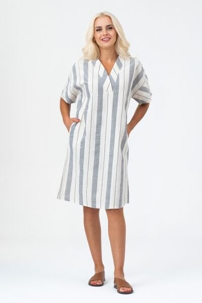 Bold & Young Kadın Cepli V Yakalı Kısa Kollu Pamuklu Elbise 3XL - siyah beyaz kalın çizgili