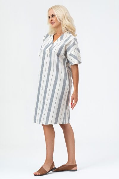 Bold & Young Kadın Cepli V Yakalı Kısa Kollu Pamuklu Elbise 3XL - siyah beyaz kalın çizgili