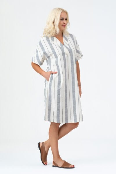 Bold & Young Kadın Cepli V Yakalı Kısa Kollu Pamuklu Elbise 3XL - siyah beyaz kalın çizgili