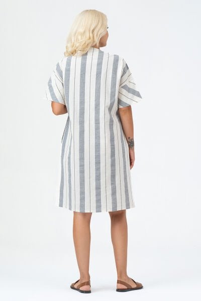 Bold & Young Kadın Cepli V Yakalı Kısa Kollu Pamuklu Elbise 3XL - siyah beyaz kalın çizgili