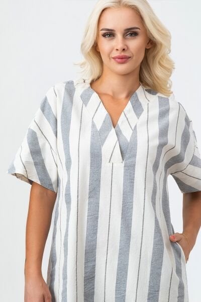 Bold & Young Kadın Cepli V Yakalı Kısa Kollu Pamuklu Elbise 3XL - siyah beyaz kalın çizgili