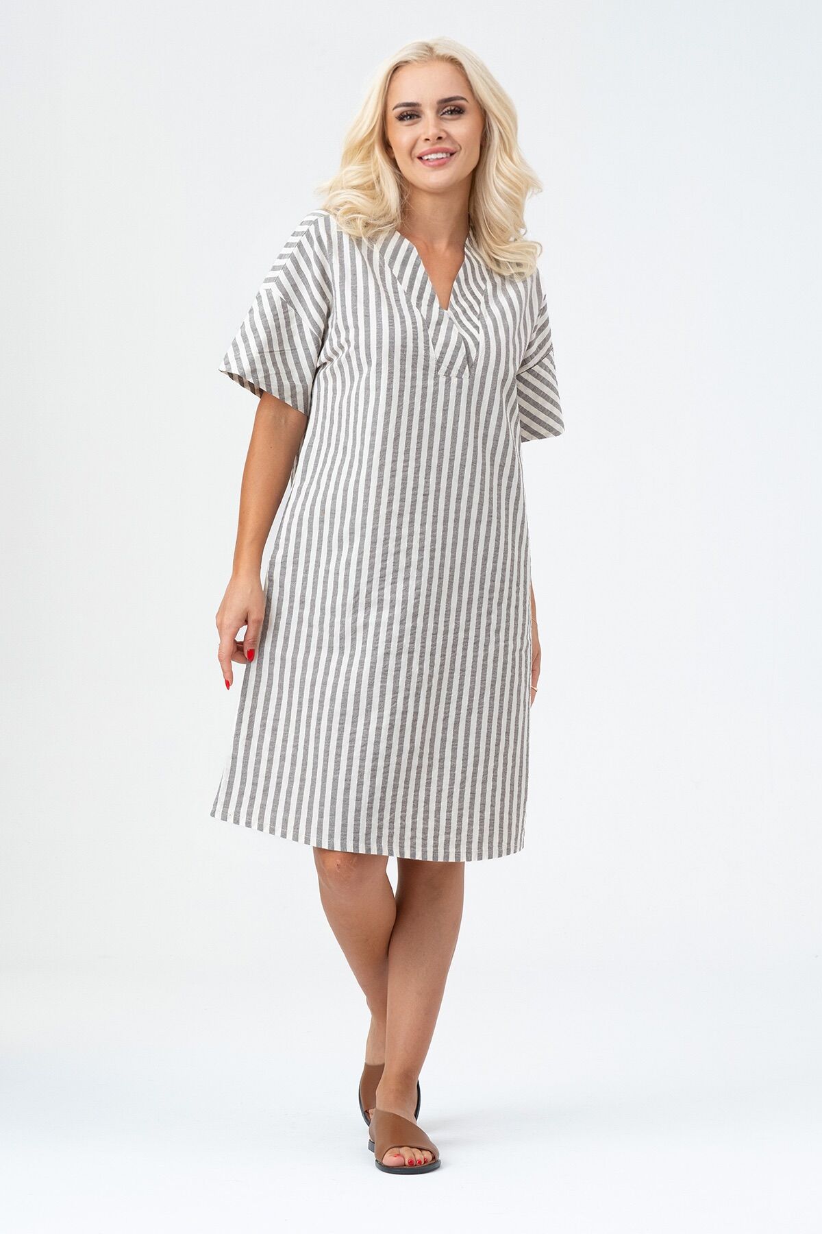 Bold & Young Kadın Cepli V Yakalı Kısa Kollu Pamuklu Elbise 3XL - mavi ekru çizgili