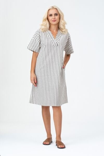Bold & Young Kadın Cepli V Yakalı Kısa Kollu Pamuklu Elbise 3XL - mavi ekru çizgili