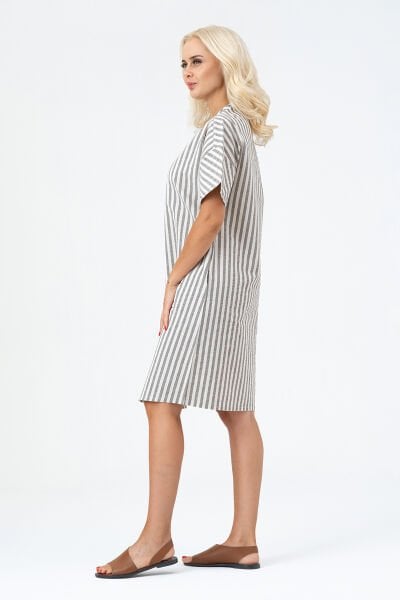 Bold & Young Kadın Cepli V Yakalı Kısa Kollu Pamuklu Elbise 3XL - mavi ekru çizgili