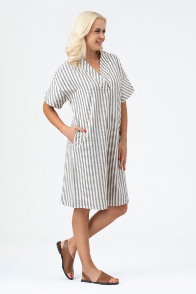 Bold & Young Kadın Cepli V Yakalı Kısa Kollu Pamuklu Elbise 3XL - mavi ekru çizgili