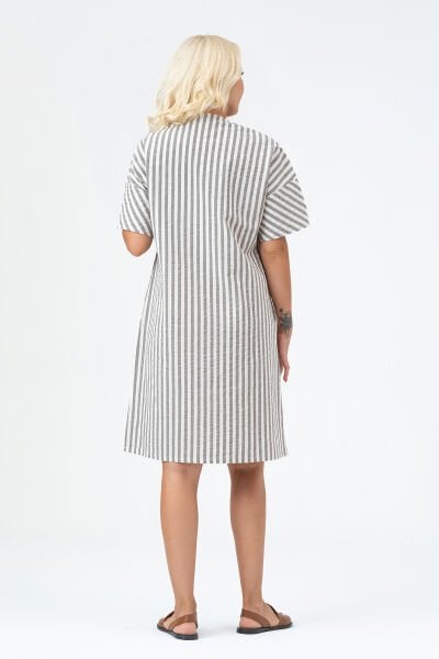 Bold & Young Kadın Cepli V Yakalı Kısa Kollu Pamuklu Elbise 3XL - mavi ekru çizgili