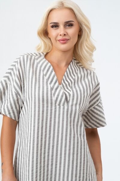 Bold & Young Kadın Cepli V Yakalı Kısa Kollu Pamuklu Elbise 3XL - mavi ekru çizgili