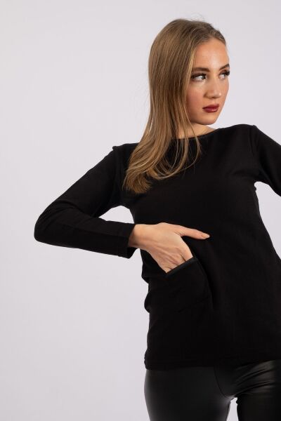 Kadın Suni Deri Biyeli Cepli Triko Tunik Siyah - S