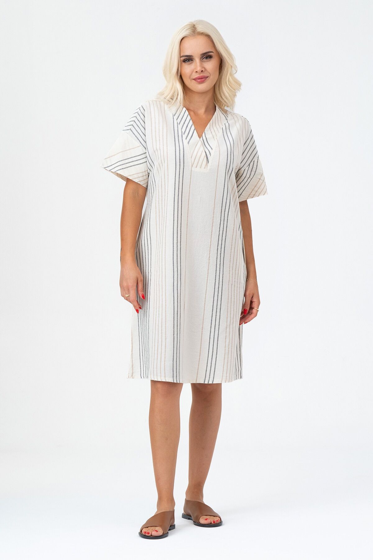 Bold & Young Kadın Cepli V Yakalı Kısa Kollu Pamuklu Elbise 3XL - Ekru