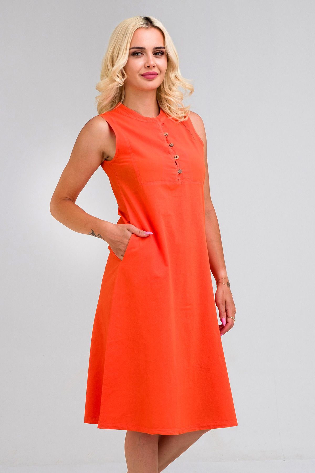Kadın Pamuk Kumaş  Yarım Pat Brit  Düğmeli Kolsuz Hakim Yaka Cepli İnce  Elbise S - Turuncu
