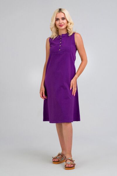 Kadın Pamuk Kumaş  Yarım Pat Brit  Düğmeli Kolsuz Hakim Yaka Cepli İnce  Elbise S - Mor