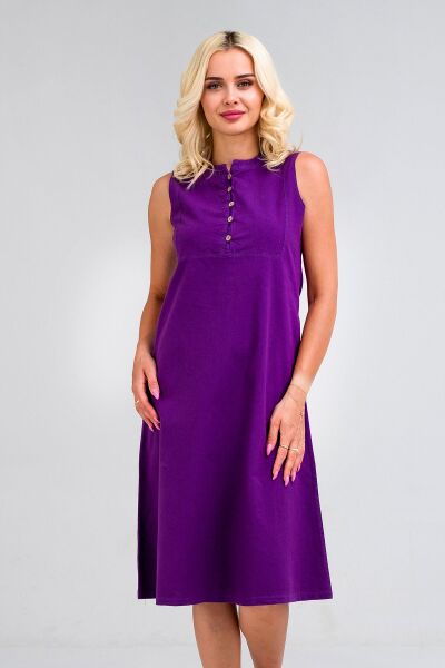 Kadın Pamuk Kumaş  Yarım Pat Brit  Düğmeli Kolsuz Hakim Yaka Cepli İnce  Elbise S - Mor