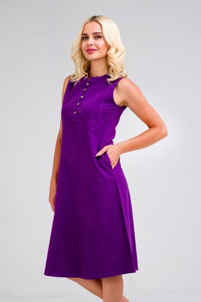 Kadın Pamuk Kumaş  Yarım Pat Brit  Düğmeli Kolsuz Hakim Yaka Cepli İnce  Elbise S - Mor