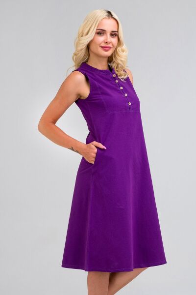 Kadın Pamuk Kumaş  Yarım Pat Brit  Düğmeli Kolsuz Hakim Yaka Cepli İnce  Elbise S - Mor
