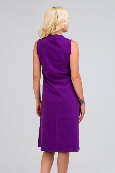 Kadın Pamuk Kumaş  Yarım Pat Brit  Düğmeli Kolsuz Hakim Yaka Cepli İnce  Elbise S - Mor