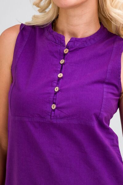 Kadın Pamuk Kumaş  Yarım Pat Brit  Düğmeli Kolsuz Hakim Yaka Cepli İnce  Elbise S - Mor