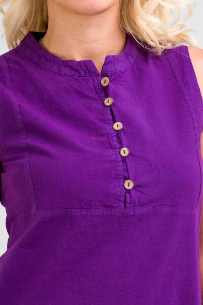 Kadın Pamuk Kumaş  Yarım Pat Brit  Düğmeli Kolsuz Hakim Yaka Cepli İnce  Elbise S - Mor