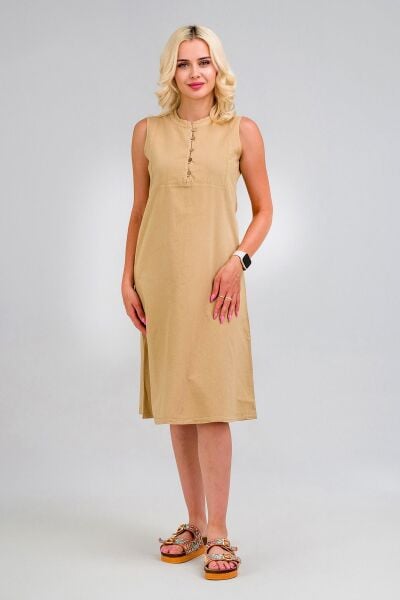 Kadın Pamuk Kumaş  Yarım Pat Brit  Düğmeli Kolsuz Hakim Yaka Cepli İnce  Elbise S - BEJ