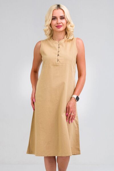 Kadın Pamuk Kumaş  Yarım Pat Brit  Düğmeli Kolsuz Hakim Yaka Cepli İnce  Elbise S - BEJ
