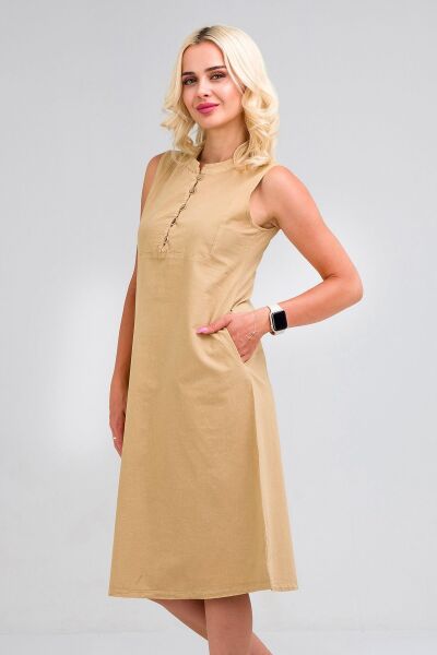 Kadın Pamuk Kumaş  Yarım Pat Brit  Düğmeli Kolsuz Hakim Yaka Cepli İnce  Elbise S - BEJ