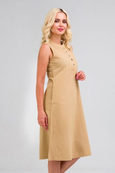 Kadın Pamuk Kumaş  Yarım Pat Brit  Düğmeli Kolsuz Hakim Yaka Cepli İnce  Elbise S - BEJ