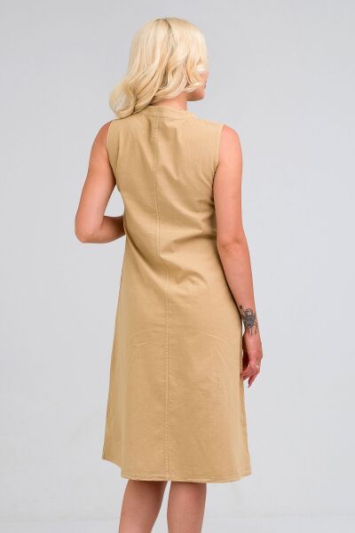 Kadın Pamuk Kumaş  Yarım Pat Brit  Düğmeli Kolsuz Hakim Yaka Cepli İnce  Elbise S - BEJ