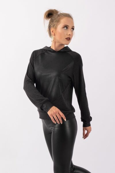 Kadın Antrasit Suni Deri Karışımlı Kapişonlu Yün Viskon Tunik koyu antrasit - XL