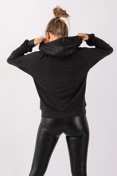 Kadın Antrasit Suni Deri Karışımlı Kapişonlu Yün Viskon Tunik koyu antrasit - XL