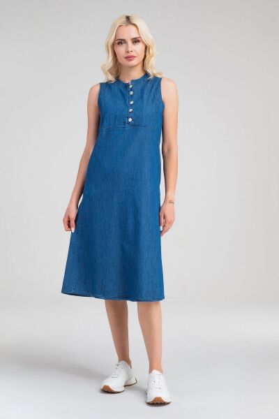 Kadın Pamuk Kumaş  Yarım Pat Brit  Düğmeli Kolsuz Hakim Yaka Cepli İnce  Elbise S - indigo koyu mavi