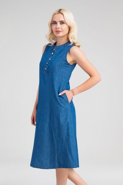 Kadın Pamuk Kumaş  Yarım Pat Brit  Düğmeli Kolsuz Hakim Yaka Cepli İnce  Elbise S - indigo koyu mavi