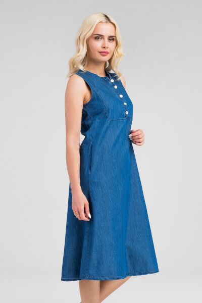 Kadın Pamuk Kumaş  Yarım Pat Brit  Düğmeli Kolsuz Hakim Yaka Cepli İnce  Elbise S - indigo koyu mavi