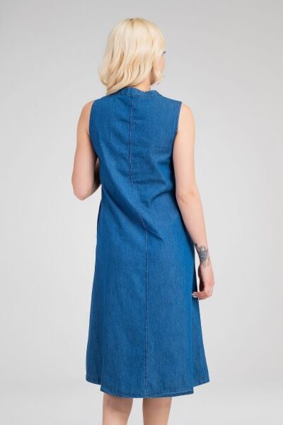 Kadın Pamuk Kumaş  Yarım Pat Brit  Düğmeli Kolsuz Hakim Yaka Cepli İnce  Elbise S - indigo koyu mavi