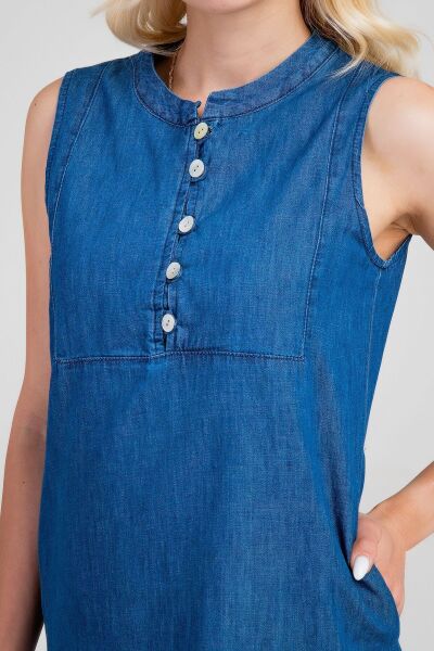 Kadın Pamuk Kumaş  Yarım Pat Brit  Düğmeli Kolsuz Hakim Yaka Cepli İnce  Elbise S - indigo koyu mavi