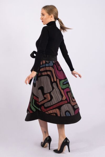 Kadın Digital Baskılı Etek Ucu Ve Kemer Paraşüt Kumaş Pervazlı Cepli Beli Lastikli Kuşaklı Etek Siyah - L