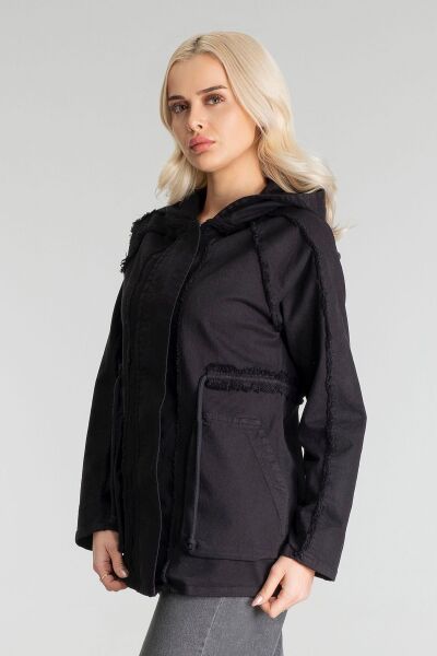 Kadın Power Likralı Pamuklu Kumaş Kapişonlu Fermuarlı Kordonlu Pis Dikişli Mont Siyah - L