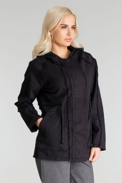 Kadın Power Likralı Pamuklu Kumaş Kapişonlu Fermuarlı Kordonlu Pis Dikişli Mont Siyah - L
